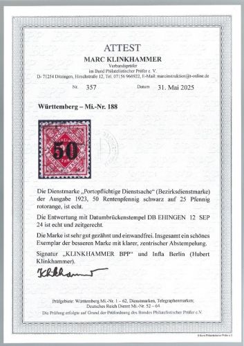 P) Württemberg Mi D 188° Tagestempel, Luxus, FFA Klinkhammer BPP