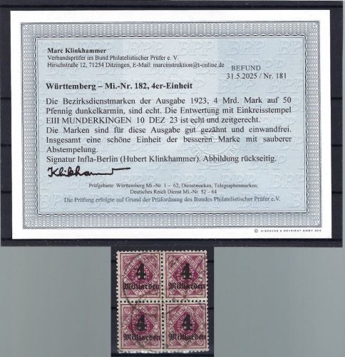 P) Württemberg Mi D 182° Viererblock Tagestempel einwandfrei