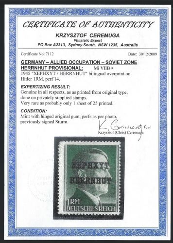 Lokalausgaben Herrnhut 1 RM Hitlerkopf * mit Falz, Expertise Ceremuga