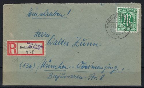 AM Post Mi 31 EF Einschreiben (Alter Feldpost-Zettel) Bigge n. München