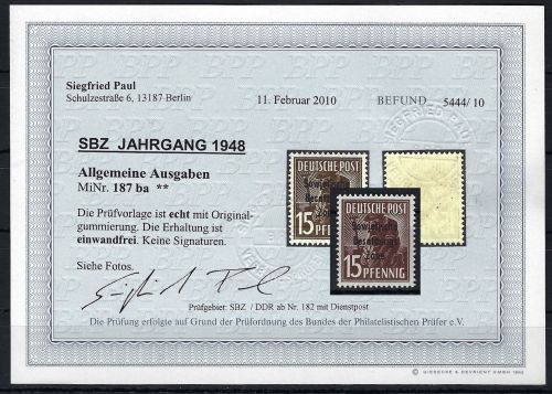 SBZ Mi 187 ba ** einwandfrei, mit Befund Paul BPP, ME 400€