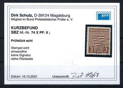 Provinz Sachsen Mi 74 X mit PF II °, mit KB Schulz BPP, ME 180€
