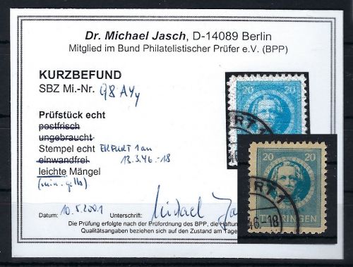 Thüringen Mi 98 Ayy °, kleine Einschränkung, KB Dr. Jasch BPP, ME 900€