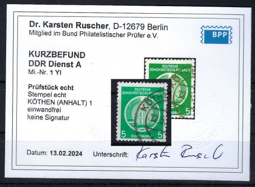 DDR Dienst, Mi 1 YI ° einwandfrei, mit KB Ruscher BPP, ME 200€