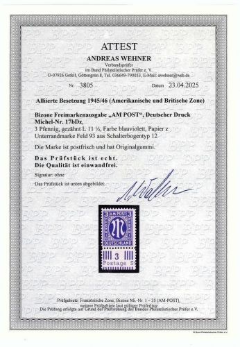 P) AM Post Mi 17 b Dz ** einwandfrei, FFA Wehner BPP, ME 500€