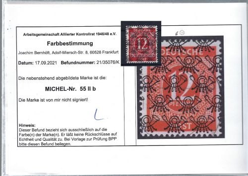 C) Bizone Mi 55 IIb °, Farbbestimmung Bernhöft / Schlegel BPP, ME 180€
