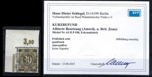 C) Bizone Mi 63 II P OR ** Bogenecke, einwandfrei, KB Schlegel BPP