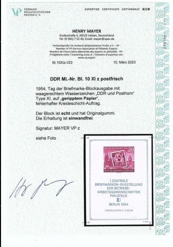 P) DDR 1954, Block 10 XI z ** einwandfrei, Mayer VP, ME 2.000€