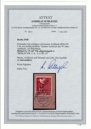 P) Berlin Mi 19 AF VII, Luxus Briefstück, FFA Schlegel BPP, ME 1500€