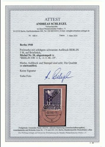 P) Berlin Mi 20 auf Luxus Briefstück, FFA Schlegel BPP, ME 750€