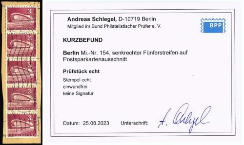 P) Berlin Mi 154, Viererstreifen auf Briefstück, KB Schlegel BPP