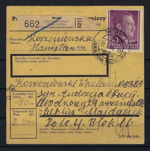 GG Paketkarte ins KZ-Lager Lublin/Majdanek 1944