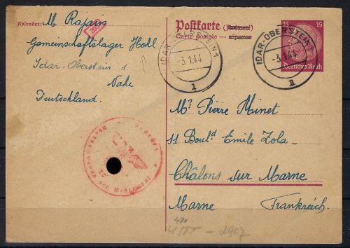 Postkarte-GA KZ-Lager Idar-Oberstein nach Frankreich 1944