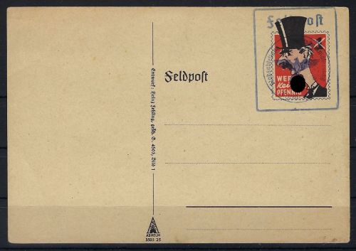 Feldpost-Spottbrief „Chamberlain“ Wert keinen Pfennig, mit FP-Stempel
