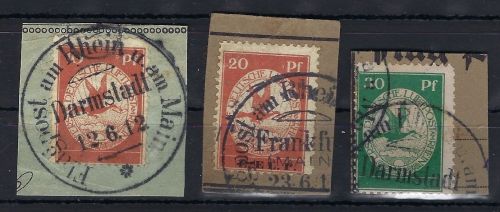C) DR Flugpost 1912 Mi I - III ° auf 3 Briefstücken, ME 230€