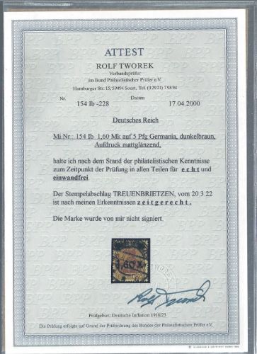 C) DR Mi 154 I b ° einwandfrei, FFA Tworek BPP, ME 550€