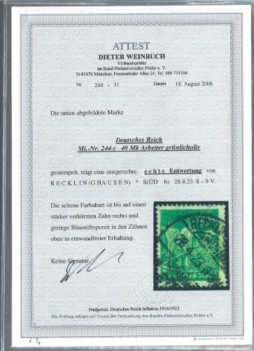 C) DR Mi 244 c ° mit FFA Weinbuch BPP, ME 2.000€, SELTEN !