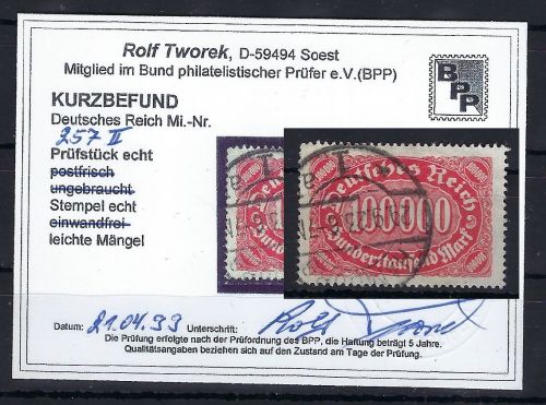 C) DR Mi 257 II ° mit KB Tworek BPP, ME 600€, leichte Mängel