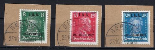 C) DR IAA 1927, Mi 407-409 auf Luxus Briefstücken, gep. Schlegel BPP