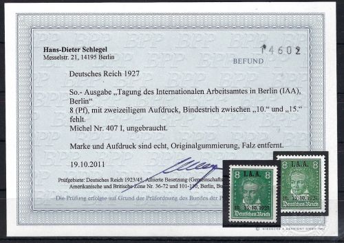 C) DR IAA 1927, Mi 407 mit PF I * (entfalzt), Befund Schlegel BPP
