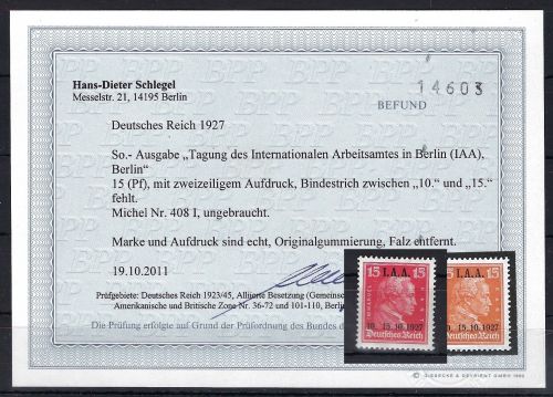 C) DR IAA 1927, Mi 408 mit PF I * (entfalzt), Befund Schlegel BPP