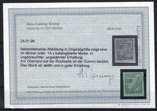 C) Meck. Vorpommern Mi 14 y U * Falzspur, Befund Kramp BPP