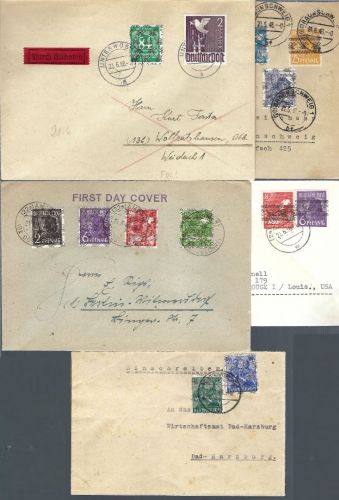 C) Bizone / Konrollrat, 5 Belege / FDC´s, Band- und Netzaufdruck