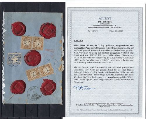 Bayern Mi 51 MiF waag. + senk. Paar, Wertbrief, FFA Sem BPP