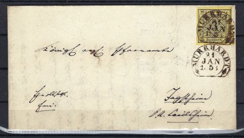 Württemberg Mi 2 EF Murrhardt n. Jägstheim, sauberer Steigbügelstempel