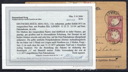DR 1873, Mi 19 (2) MeF Post-Paketadresse, frühe Verwendung, Befund BPP