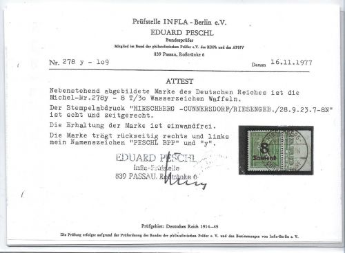 C) DR Mi 278 ° Randstück in Luxus Qualität, Attest Peschl, ME 8.000€