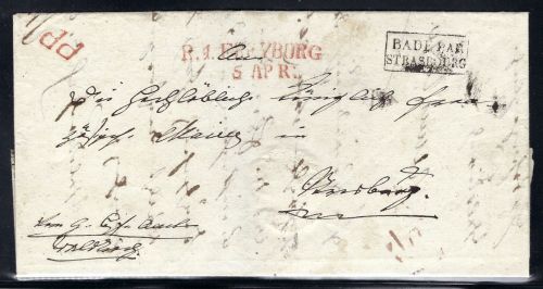 Baden Vorphila, roter L2 "R.1 Freyburg", Teilfranko-Brief n. Straßburg