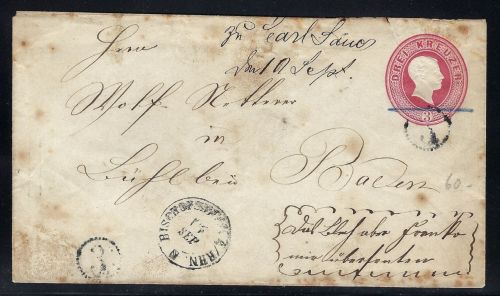 Baden GA 3 kr.ab Bischofsheim, Uhrrd St. 3, Bahnpost