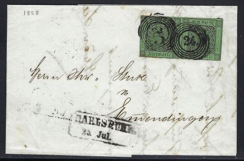 Baden Mi 6 Paar, MeF Ringstempel 24 Carlsruhe n. Emmendingen