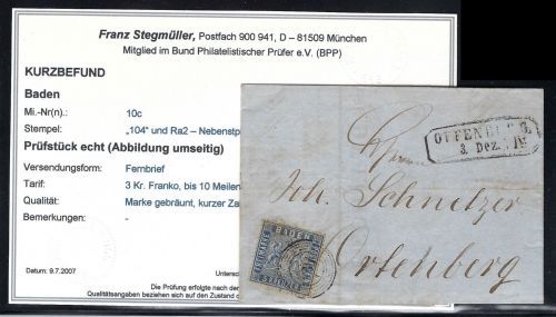 Baden Mi 10c EF mit Ra2 "Offenburg" und Ringstempel 104, KB Stegmüller