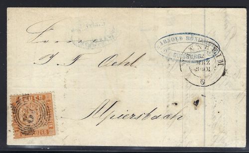 Baden Mi 11b EF mit Ringstempel 87 Mannheim ü. Stuttgart n. Alpirsbach