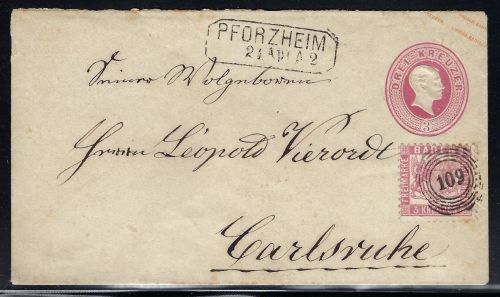 Baden GA-U 3 Kr. + Mi 18 mit Ra2 Pforzheim n. Carlsruhe