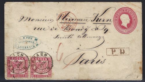Baden GA-U 3 Kr. + Mi 18 (2) Auslandsbrief Lörrach n. Paris