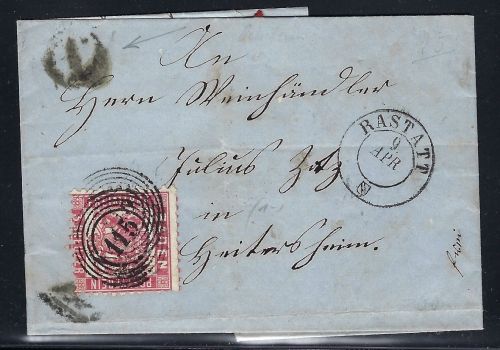 Baden Mi 18 EF mit Ringst.115+K2 Rastatt, Uhrradst. 1, Ra2 Heitersheim