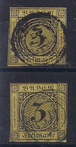 Baden Ringstempel 117 "Riedern" in blau und schwarz auf 3 Kr. (2) gelb