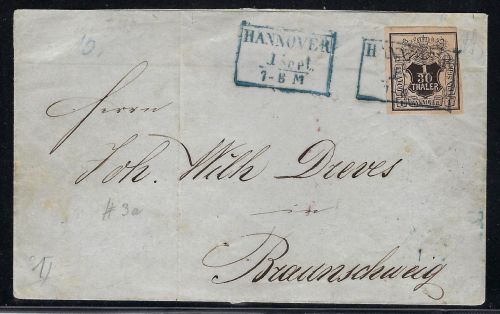 Hannover Mi 3a mit Ra3 Hannover und blauem K2 Ausgabestempel