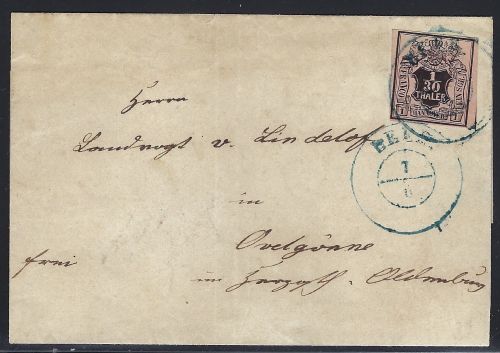 Hannover Mi 3a EF mit blauem K2 Leer nach Ovelgönne