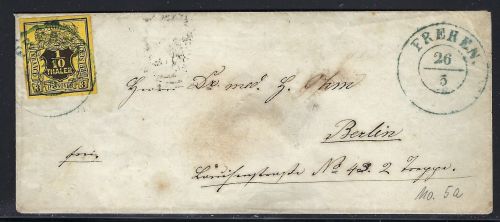 Hannover Mi 5a vollrandig, EF mit blauem K2 Freren n. Berlin