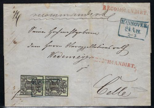 Hannover Mi 9 senk. Paar Einschreiben mit blauem Ankunftst. K2 Celle