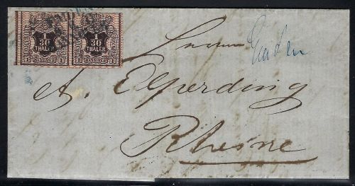 Hannover Mi 10a Paar MeF mit blauem L3 Emden nach Rheine