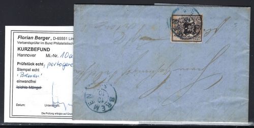 Hannover Mi 10a vollrandig mit blauem K2 Bremen n. Verden (blauer K2)