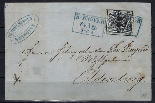 Hannover Mi 11 voll-breitrandig mit blauem Ra3 Hannover n. Oldenburg