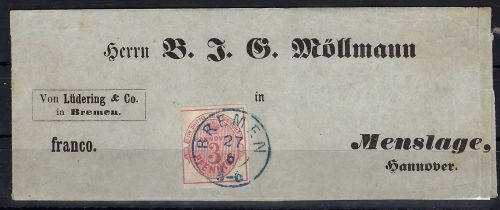 Hannover Mi 13 EF auf Firmenbrief mit klarem K1 Bremen in blau