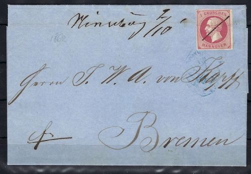 Hannover Mi 14a EF mit Federentwertung n. Bremen, Aufgabe Nienburg