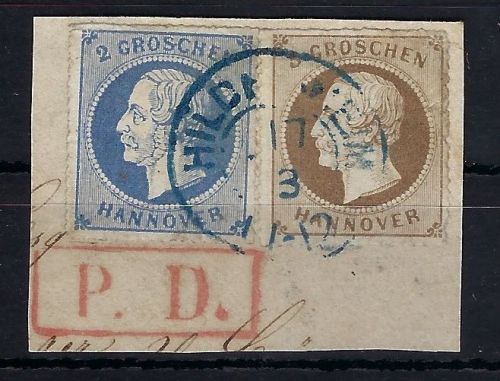 Hannover Mi 24y+25y auf Briefstück mit blauem K2 Hildesheim und PD rot